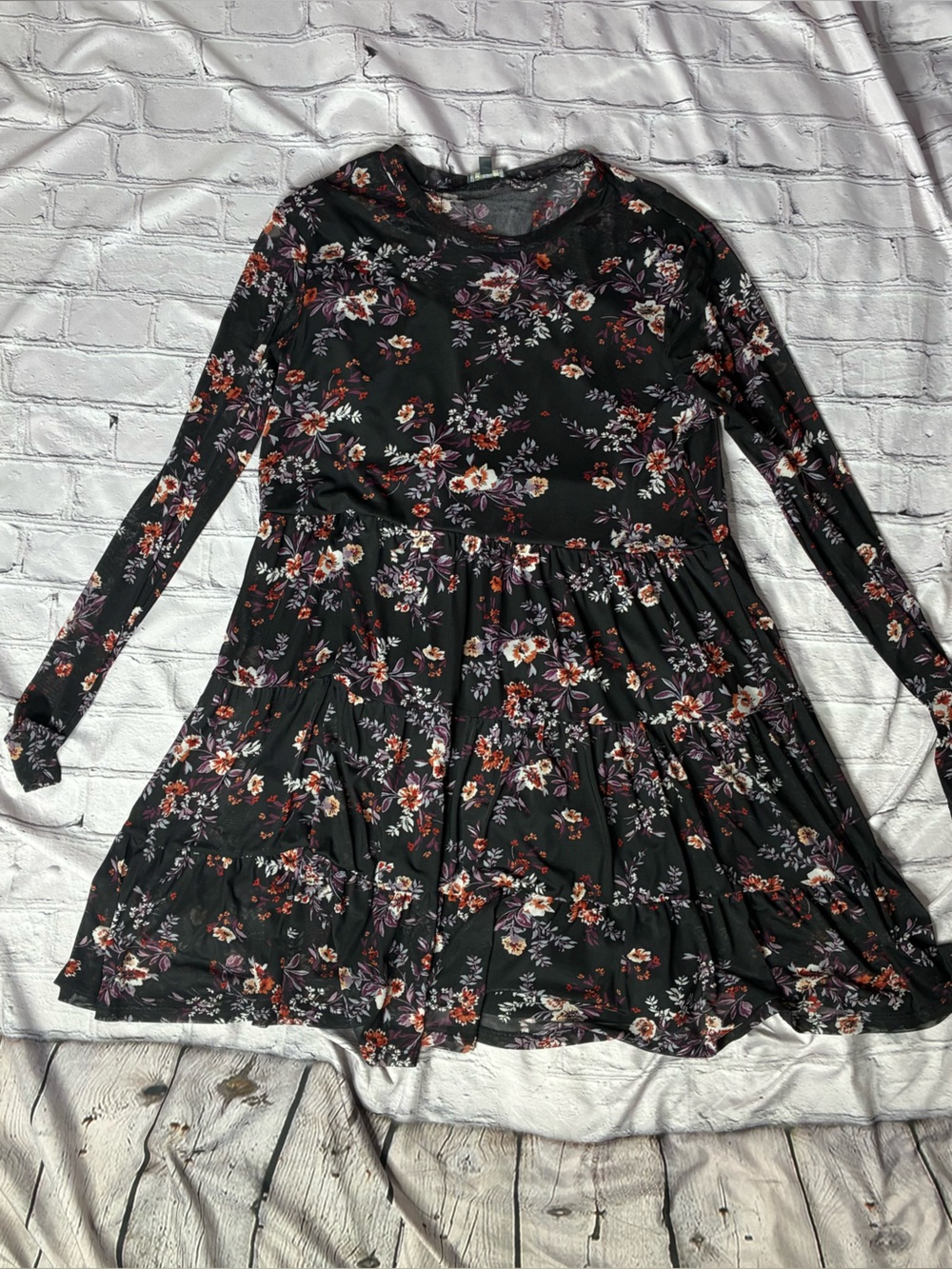 Goth Cottagecore Moody Floral Bloomcore Tiered Long Mesh Sleeve Midi Dress Sz L